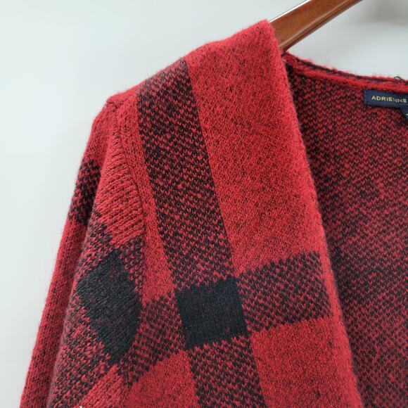Adrienne Vittadini Womens Sweater Medium Red Plaid Cardigan Fringe Open Front - Picture 7 of 12